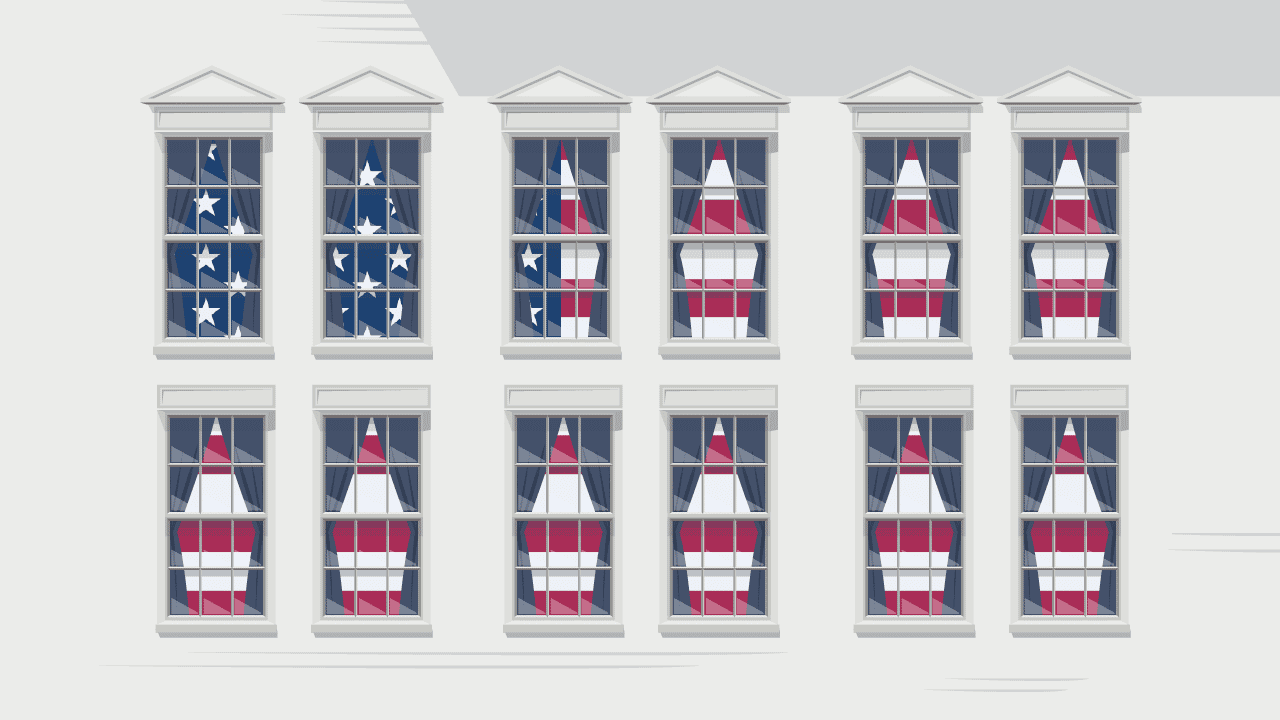 illustration of a federal building with the american flag hanging in the windows